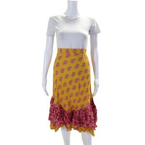 Cool Change Womens Textured Elastic Waist Printed Tier Maxi Skirt Yellow Size S